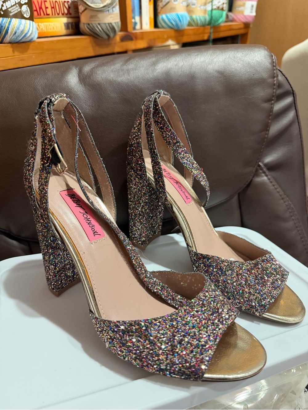 Betsey Johnson Multicolor Glitter Block Heel Sandals with Gold Accent